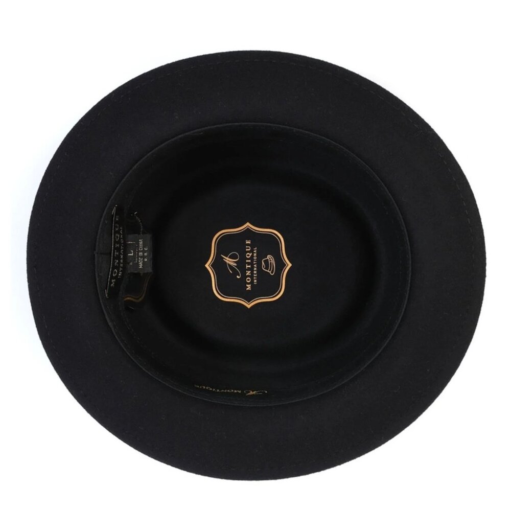 MONTIQUE BLACK PORK PIE  FEDORA WITH FEATHER . H-88 - Picture 4 of 4